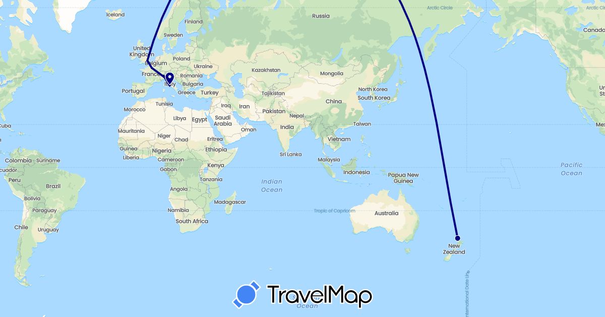 TravelMap itinerary: driving in France, United Kingdom, Italy, New Zealand (Europe, Oceania)